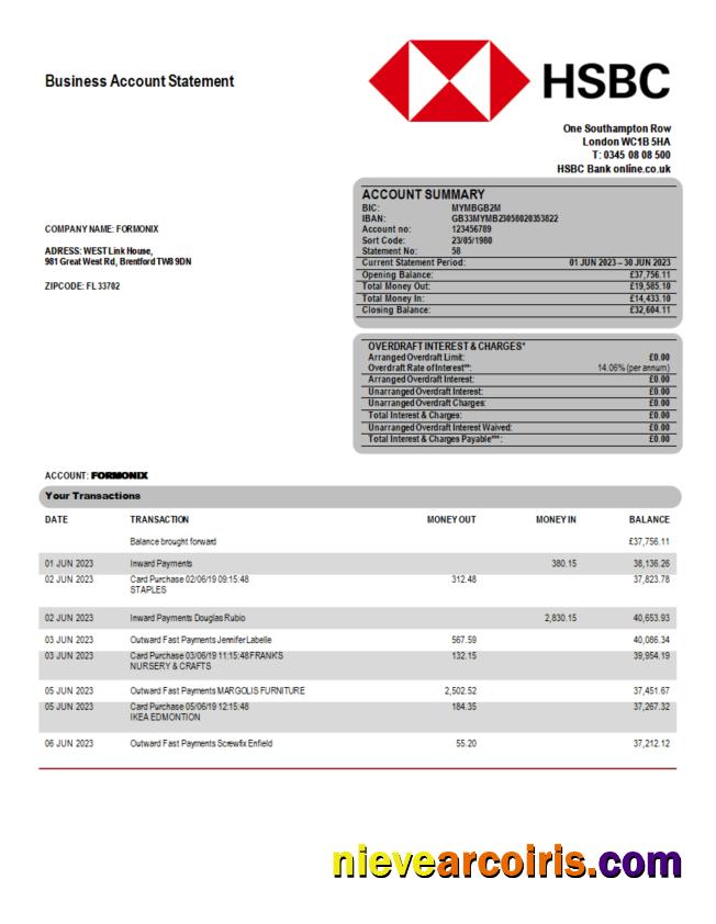 HSBC Bank company statement
